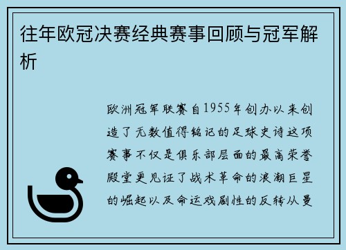 往年欧冠决赛经典赛事回顾与冠军解析
